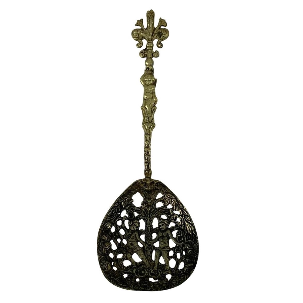 Antique Brass Pierced Decorative Spoon Ornate Handle Cherub Design Made In Italy